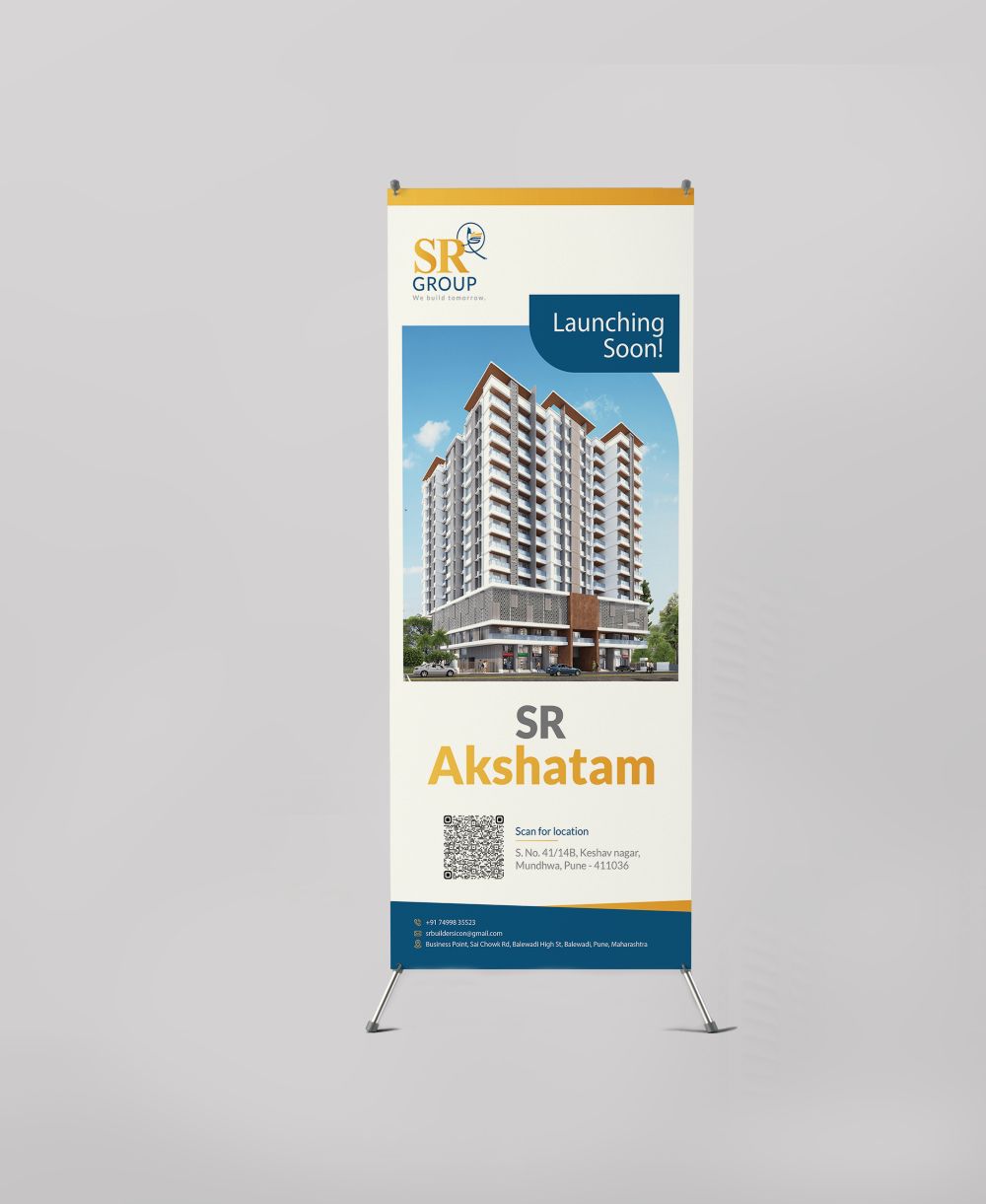 Roll-up standee mockup: SR Akshatam, launching soon, with the tower and a QR code