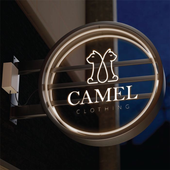 Mockup: an illuminated round sign with the Camel logo