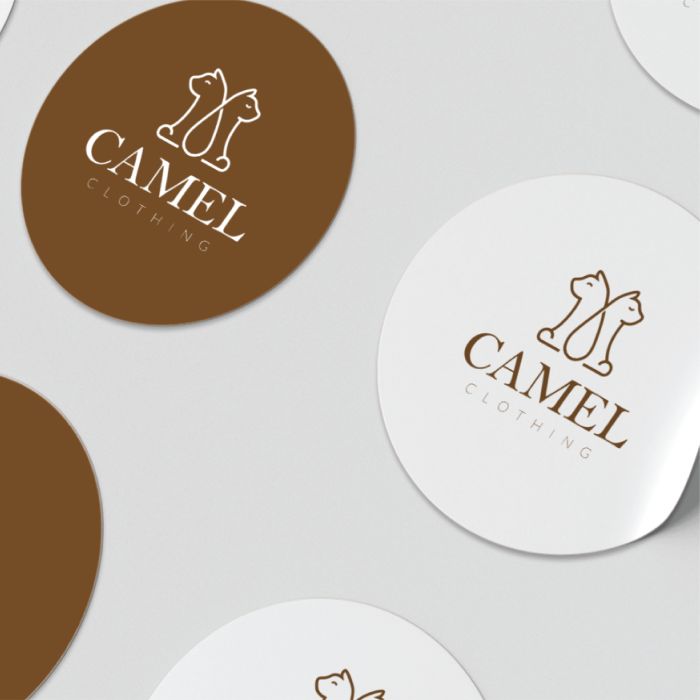 Mockup: round brown and white Camel stickers
