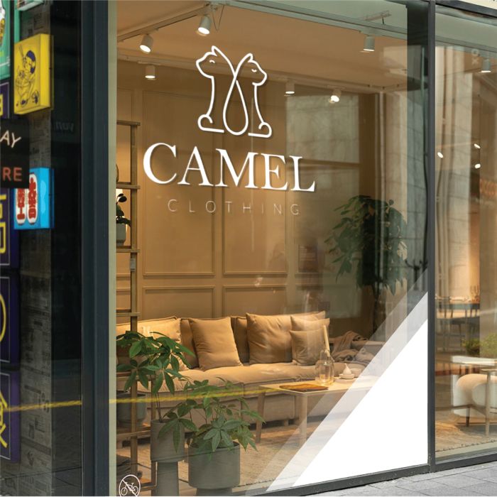 Mockup: the Camel logo applied to a shop window