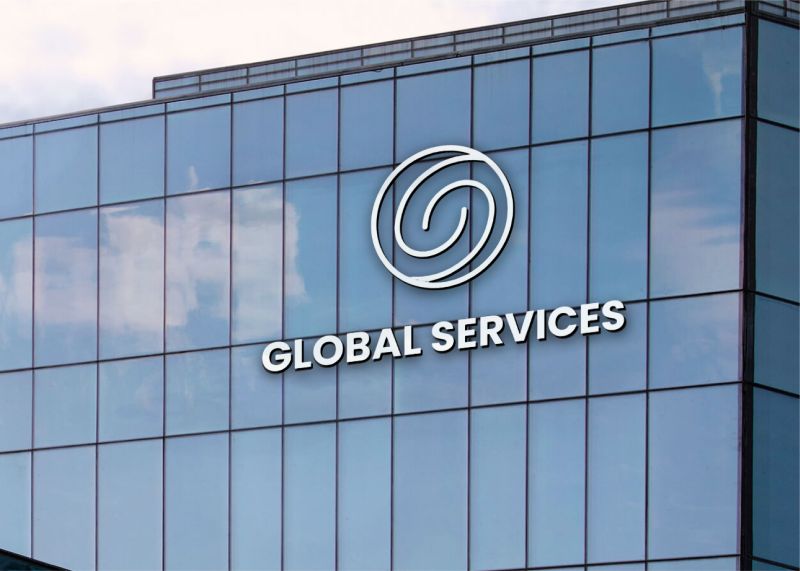 Mockup: Global Services logo on a glass office facade