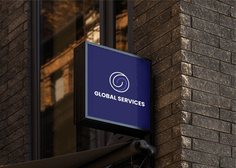 Mockup: a projecting navy sign on a brick wall