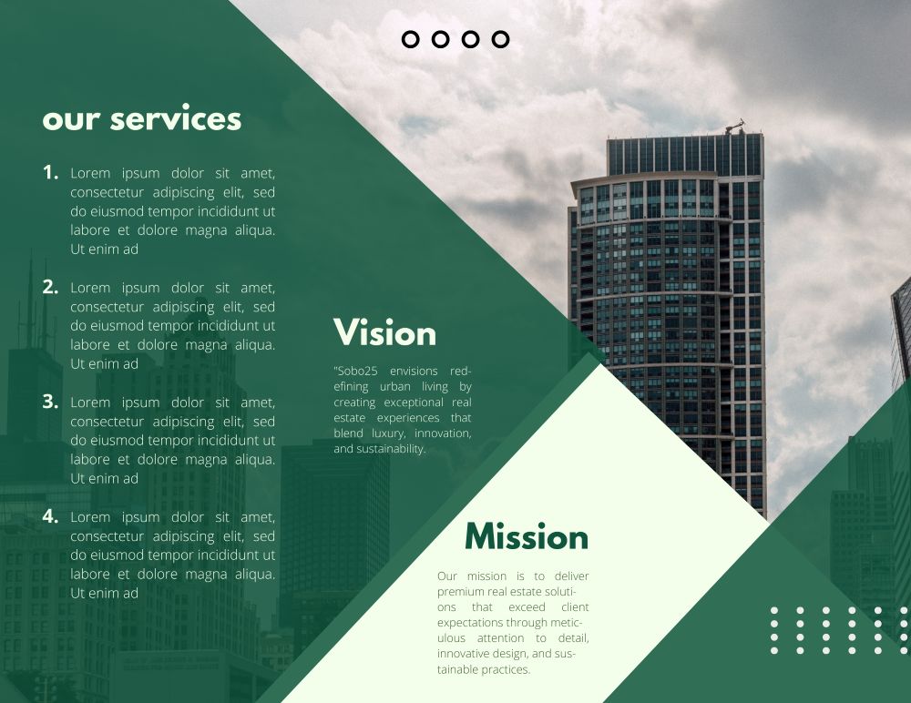 Tri-fold brochure, inside: our services, vision and mission in green panels
