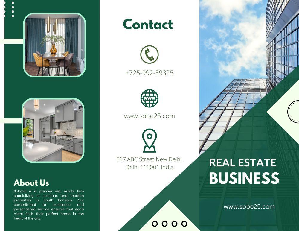 Tri-fold brochure, outside: contact panel, About us and a Real Estate Business cover with a glass tower