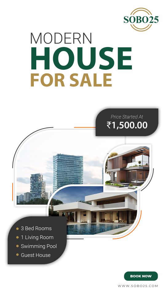 Poster: Modern house for sale, with a price tag and photo panels