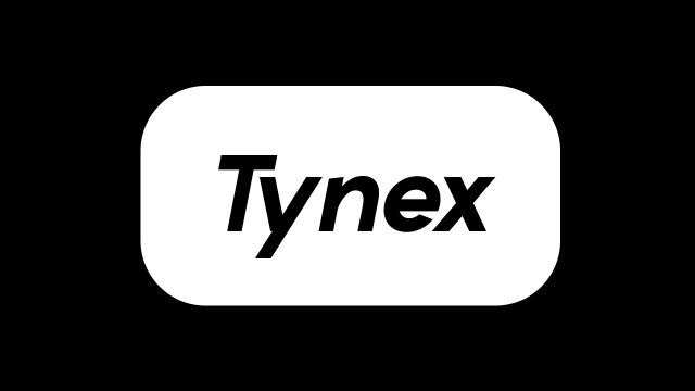 Tynex wordmark in a rounded white badge on black