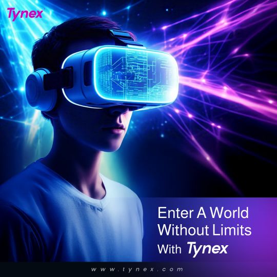 Tynex social post with a VR headset in violet light