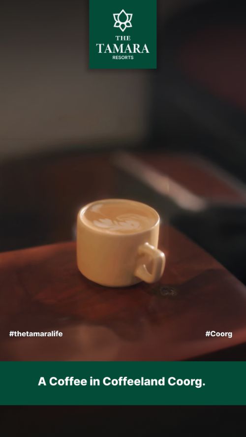 Vertical ad: a cup of coffee on a wooden table, A coffee in Coffeeland Coorg