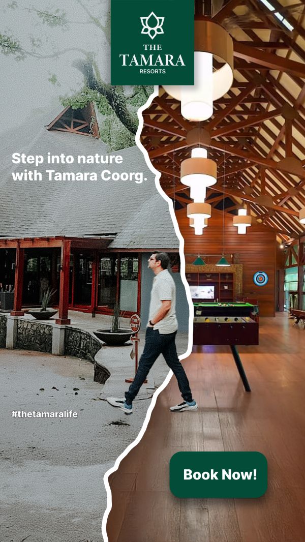 Vertical ad: Step into nature with Tamara Coorg, with a Book now button