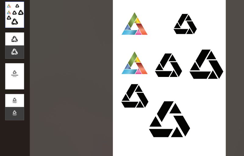 Design board exploring solid three-blade triangle variations in black and colour