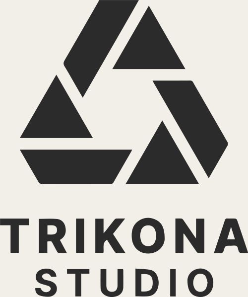2024 Trikona Studio logo: three solid dark blades forming a triangle, above a wide sans wordmark