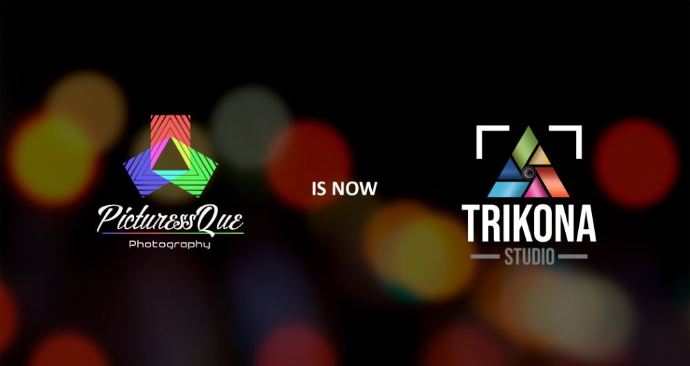 Announcement graphic: the old PicturesQue Photography logo, the words is now, and the new Trikona Studio logo, over blurred lights