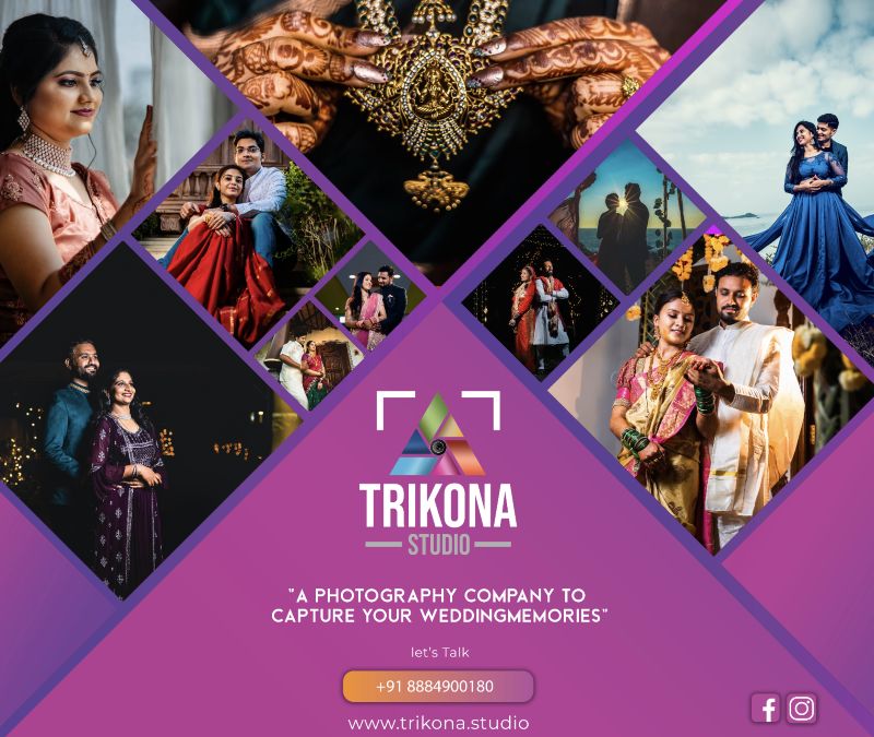 Trikona Studio print banner: a diamond-grid collage of wedding photographs around the Trikona logo on purple