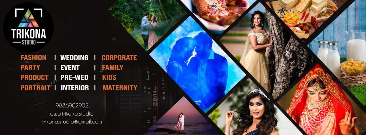 Trikona Studio social cover: the logo and service list on black beside a diamond-grid collage of the studio's photography