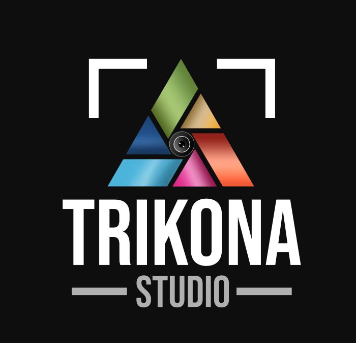 Final Trikona Studio logo: a faceted colour triangle around a camera lens, inside viewfinder brackets, above the words Trikona Studio