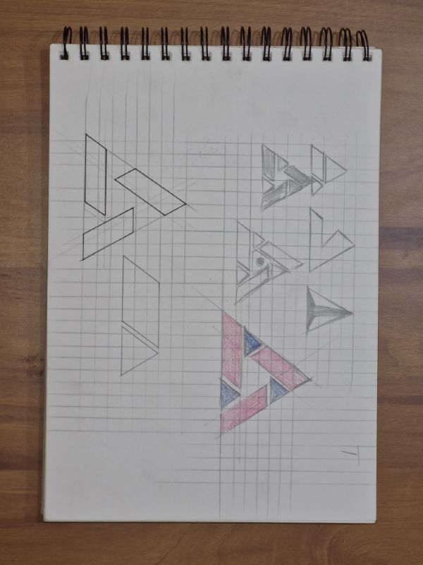 Sketchbook page of triangle studies, one filled with red and blue pencil