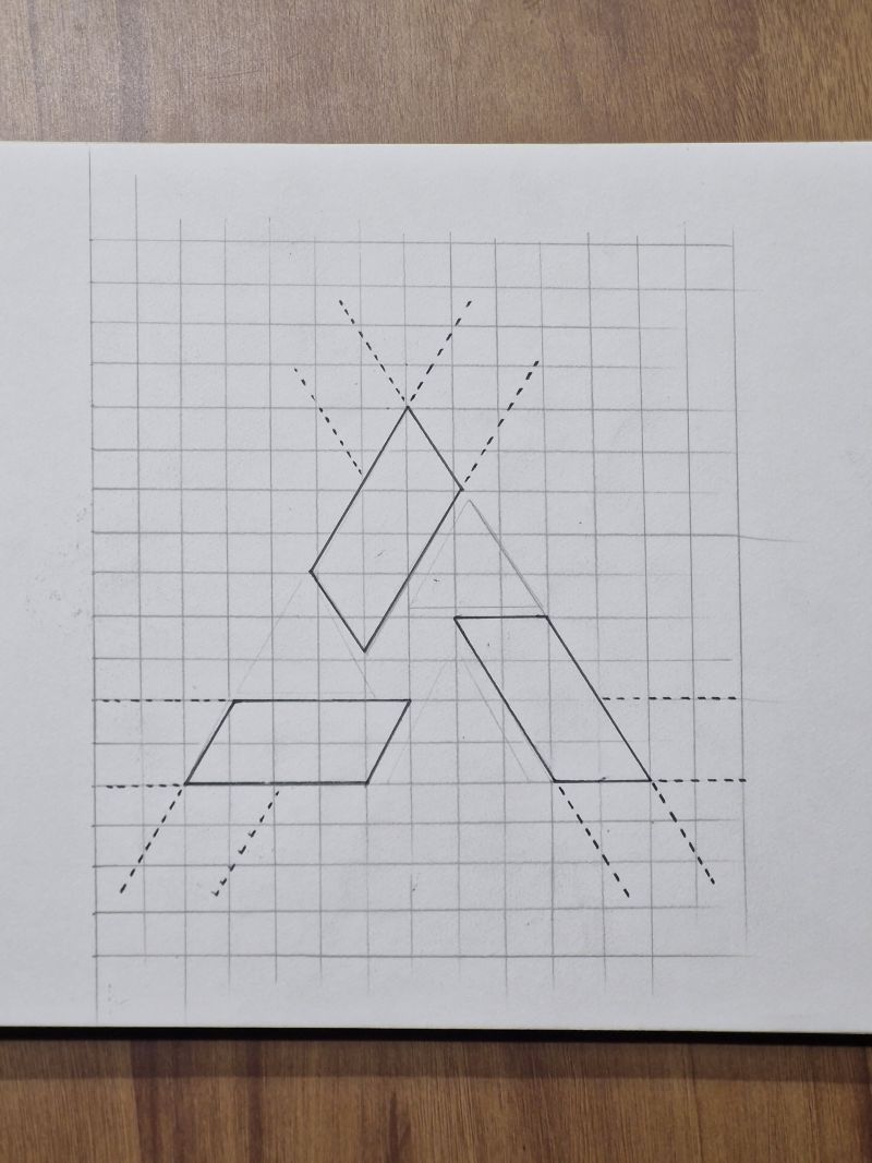 Pencil sketch on squared paper: three parallelograms with dashed construction lines forming a triangle