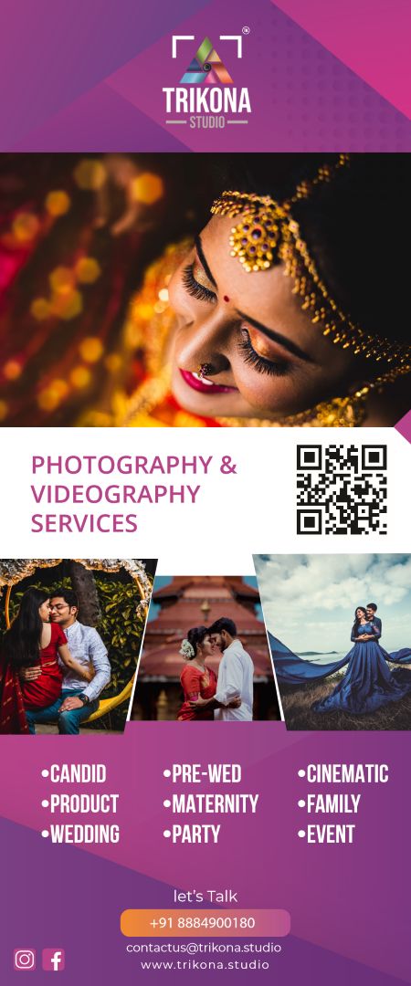 Roll-up standee in purple with photography, a QR code and the list of services