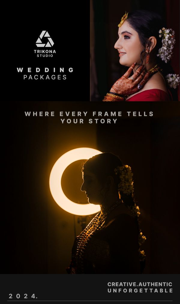 Brochure cover: Wedding Packages, Where every frame tells your story, with a bride in profile and a silhouetted couple in a ring light