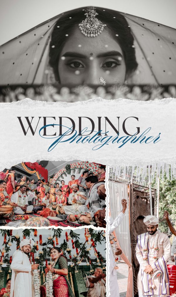 Editorial brochure page: a veiled bride above the word Wedding in serif and Photographer in script, over a photo grid