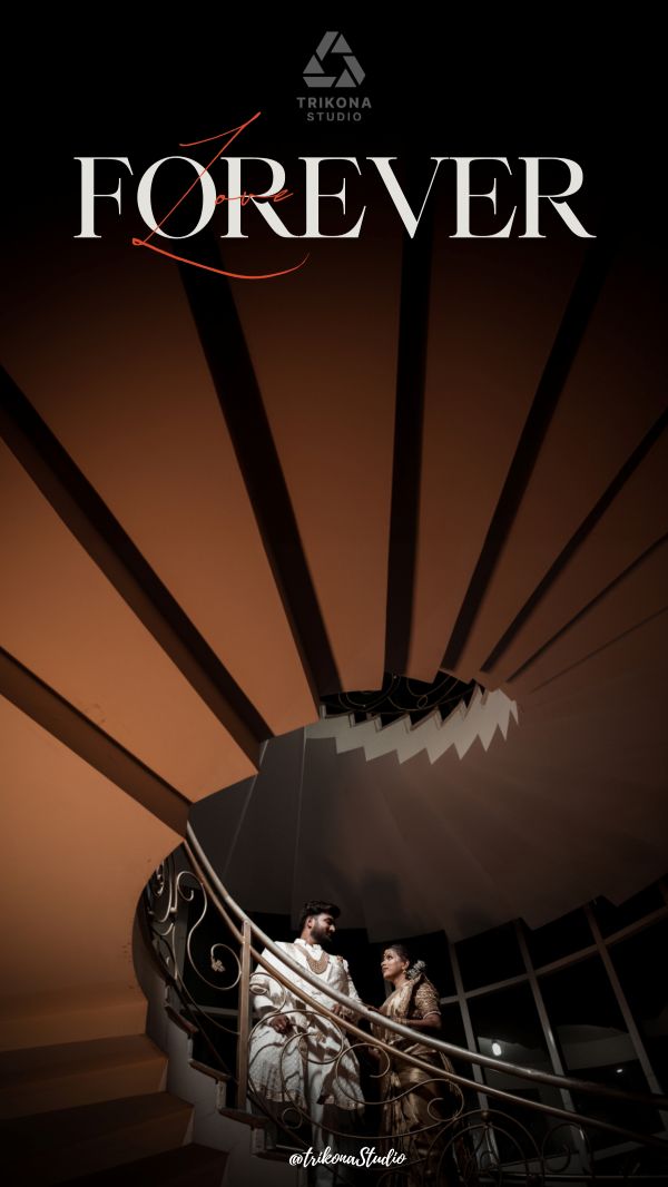 Brochure page with the word Forever over a couple on a spiral staircase in warm light