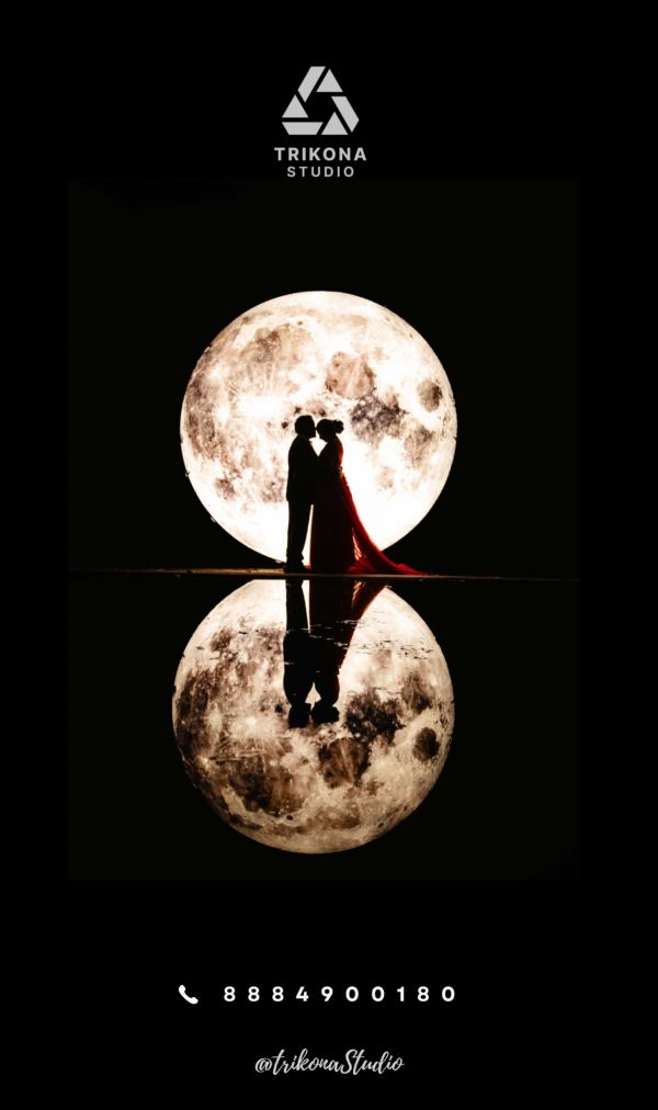 Brochure page: a couple silhouetted against a full moon, reflected in water