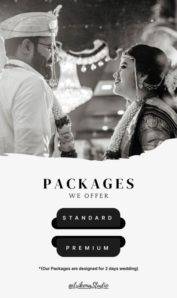 Brochure page: black and white wedding portrait above Packages we offer